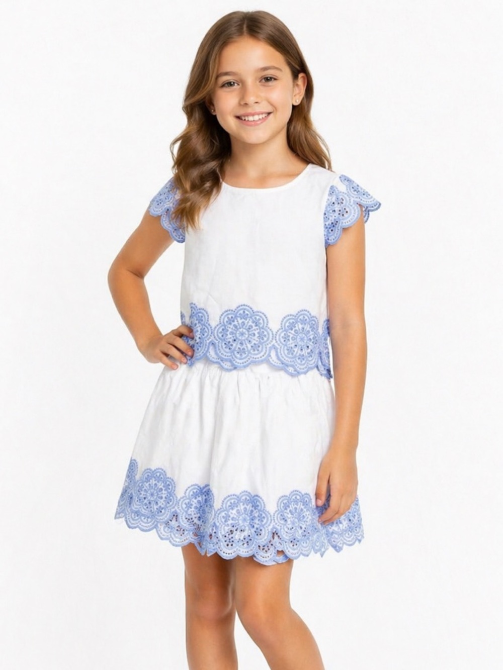 Happily Grey Kids White Blue Eyelet 2-Piece Set 7/8 Girls Scalloped Skirt Top